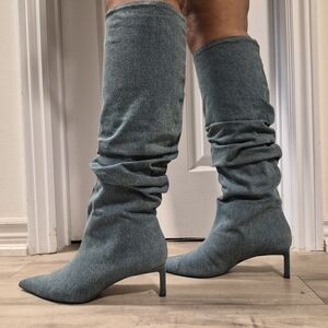 Zara Blue Denim Heeled Boots Sz 40